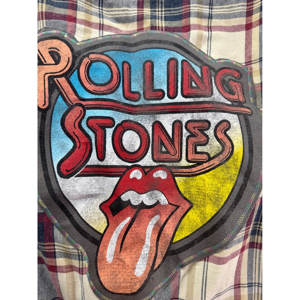 Upcycle Rolling Stones Sherpa Lined Flannel Shirt Jacket Plaid Men XL Cream Red - Picture 2 of 9